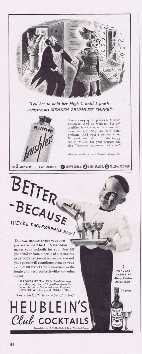 1941 Heublein’s Club Cocktails or Mennen Brushless Shaving Cream Original Vintage Ad Free Shipping