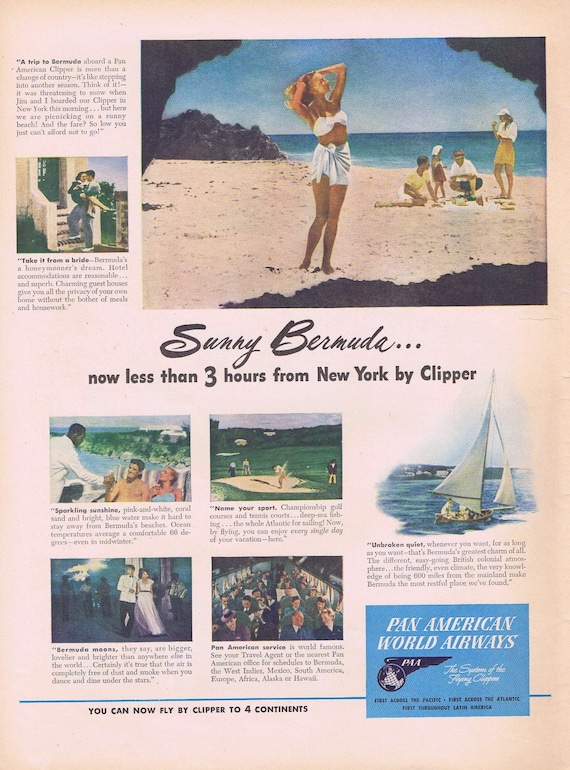 1946 Travel to Bermuda on Pan Am Flying Clipper or Hiram Walker’s Dry Martini Original Vintage Advertisement