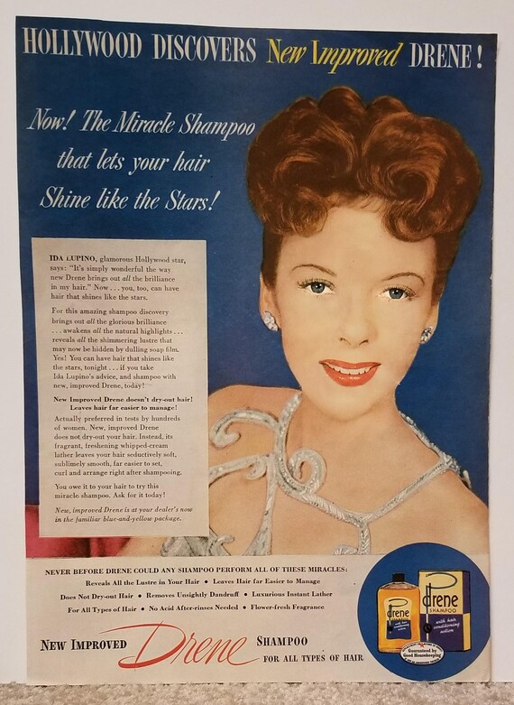 Ida Lupino 1947 Drene Shampoo Original Vintage Advertisement