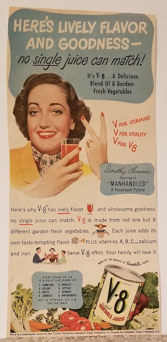 Dorothy Lamour 1949 V-8 Vegetable Juice Vintage Advertisement starring in “ Manhandled”