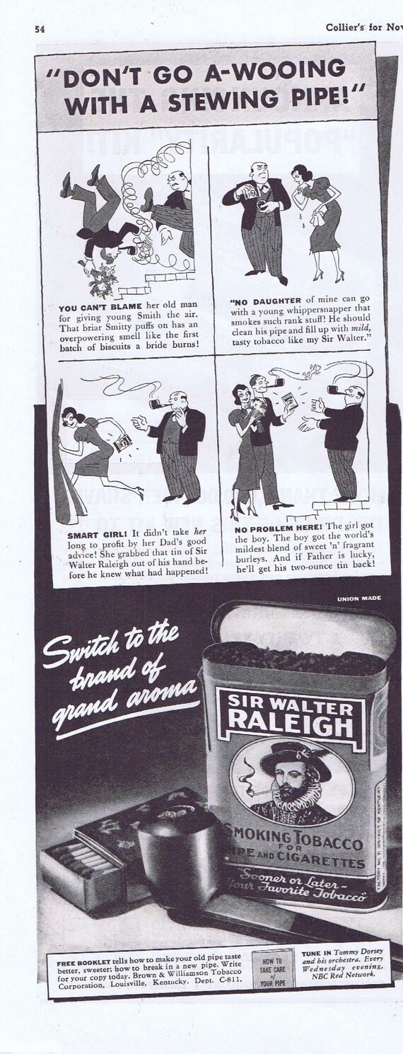 1938 Sir Walter Raleigh Smoking Tobacco or Schick Injector Men’s Razor Original Vintage Advertisement