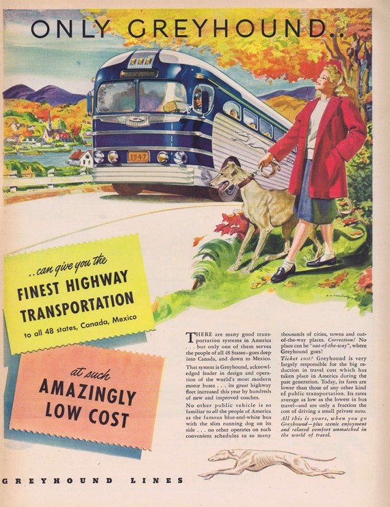 1947 Greyhound Bus Original Vintage Advertisement with Pretty Girl and Greyhound Dog Art