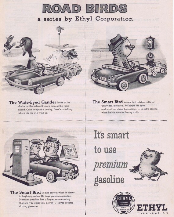 1956 Road Birds Series Ethyl Gasoline Original Vintage Advertisement by Eric Gurney Featuring “Wide-Eyed Gander,” and “The Smart Bird”