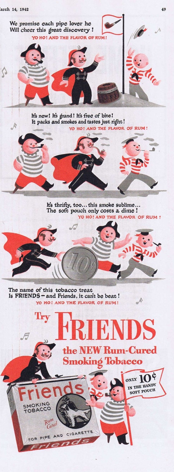 1942 Friends Rum-Cured Smoking Tobacco or Sealright Milk Bottle Hoods Original Vintage Advertisement