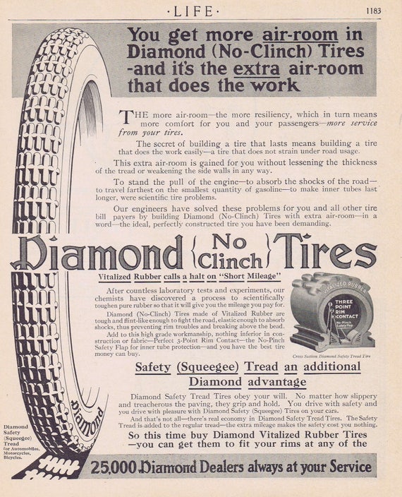 1913 Diamond No Clinch Automobile Tires Original Vintage Advertisement Vitalized Rubber Calls a Halt on Short Mileage