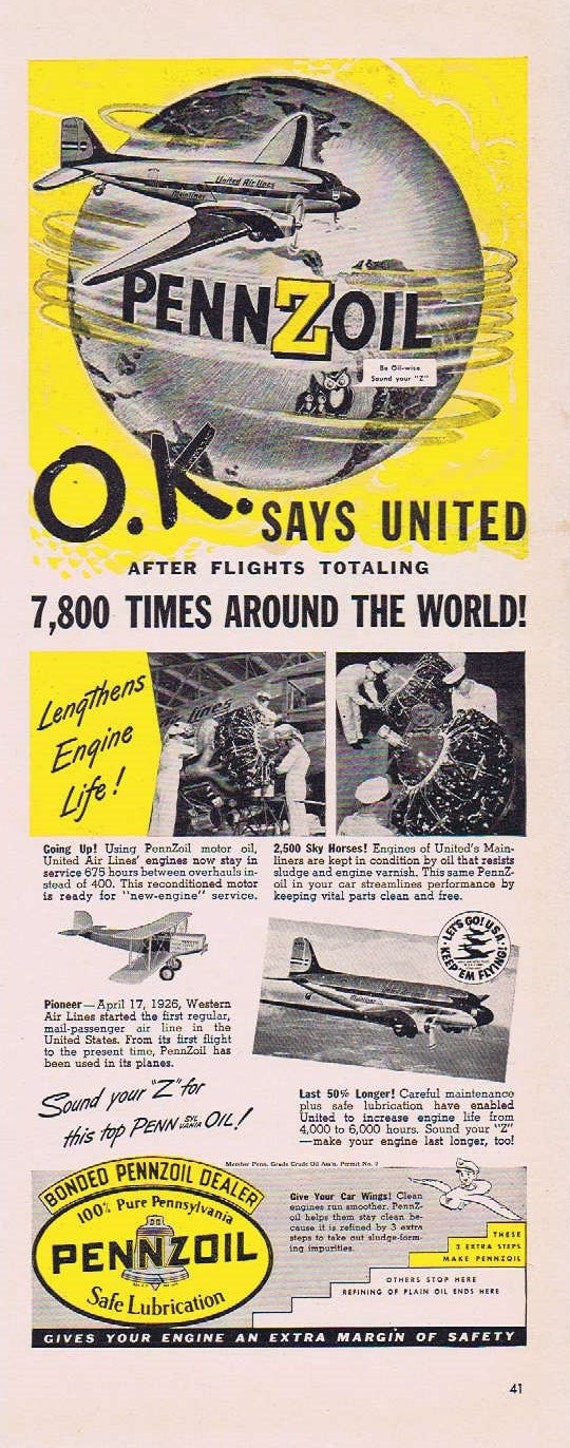 1941 Pennzoil Original Vintage Advertisement with 7,800 Flights Around the World