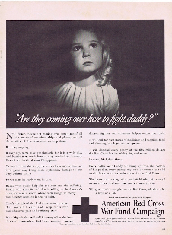 1942 Red Cross and Little Girl WWII War Campaign Old Ad