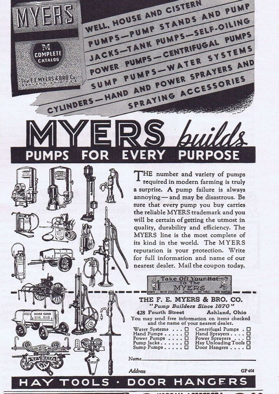 1940 Myers and Bros Pumps Original Vintage Advertisement