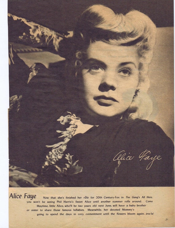 Beautiful Alice Faye Vintage 1944 Actress Magazine Photo and Signature Copy and News