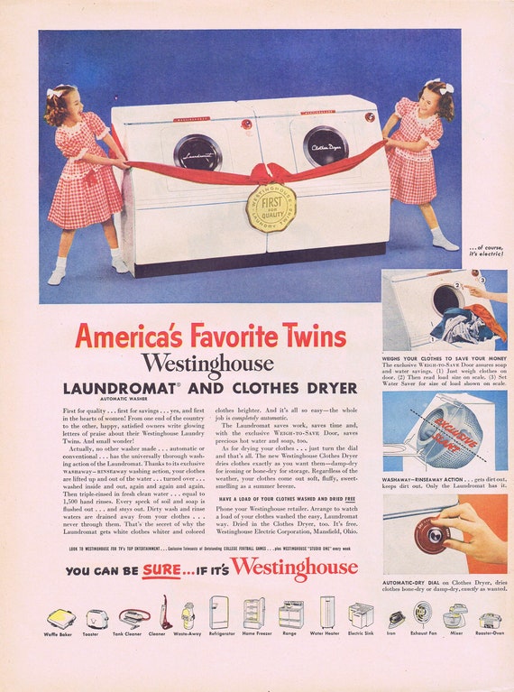 1942 Westinghouse Laundromat and Clothes Dryer America’s Favorite Twins or Western Electric Telephone Original Vintage Advertisement