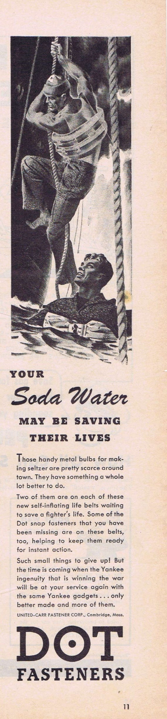 WW2 1943 Dot Fasteners on Self-Inflating Life Belts Saving Lives of Soldiers  Original Vintage Small Advertisement