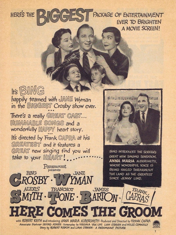 Here Comes the Groom 1951 vintage movie ad with Bing Crosby & Jane Wyman