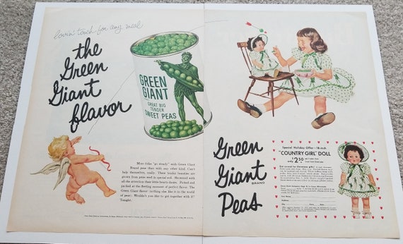 1956 Jolly Green Giant Peas Unique Double-Page Original Vintage Advertisement with Country Girl Doll Special Holiday Offer