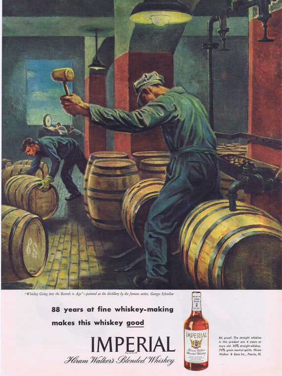 Imperial Whiskey Old 1946 Ad with Whiskey Going into Barrels to Age Painting