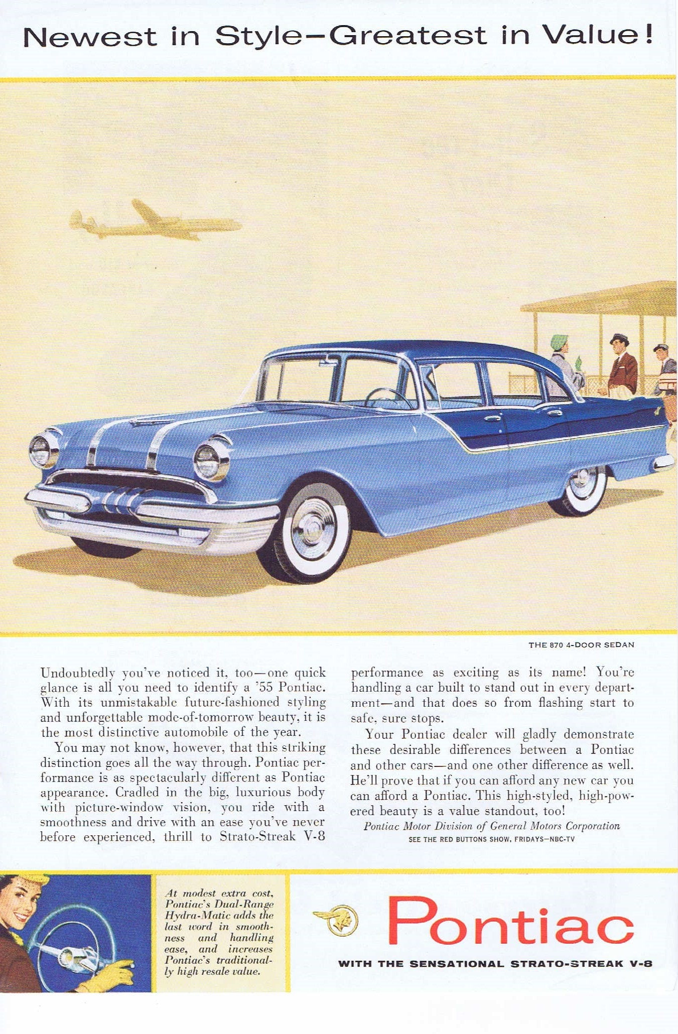 1955 Blue Pontiac Sedan Original Automobile vintage Publicit