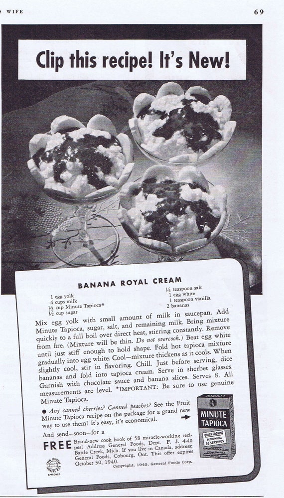 1940 Minute Tapioca and Banana Royal Cream Recipe and Old Original Vintage Advertisements