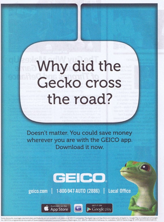 Why Did the Gecko Cross the Road 2013 Geico Insurance Original Advertisement Free Shipping