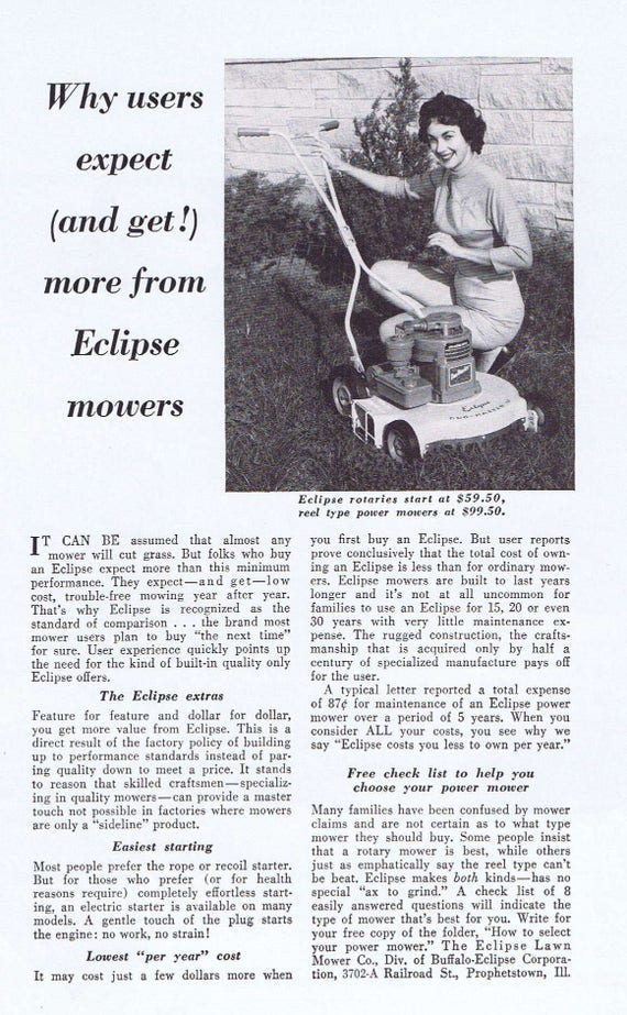 1957 Eclipse Lawn Mower Original Vintage Advertisement with Eclipse Extras