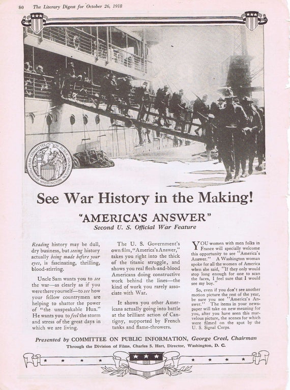 1918 WWI War Film “America’s Answer” History in the Making Original Vintage Ad by Committee on Public Information