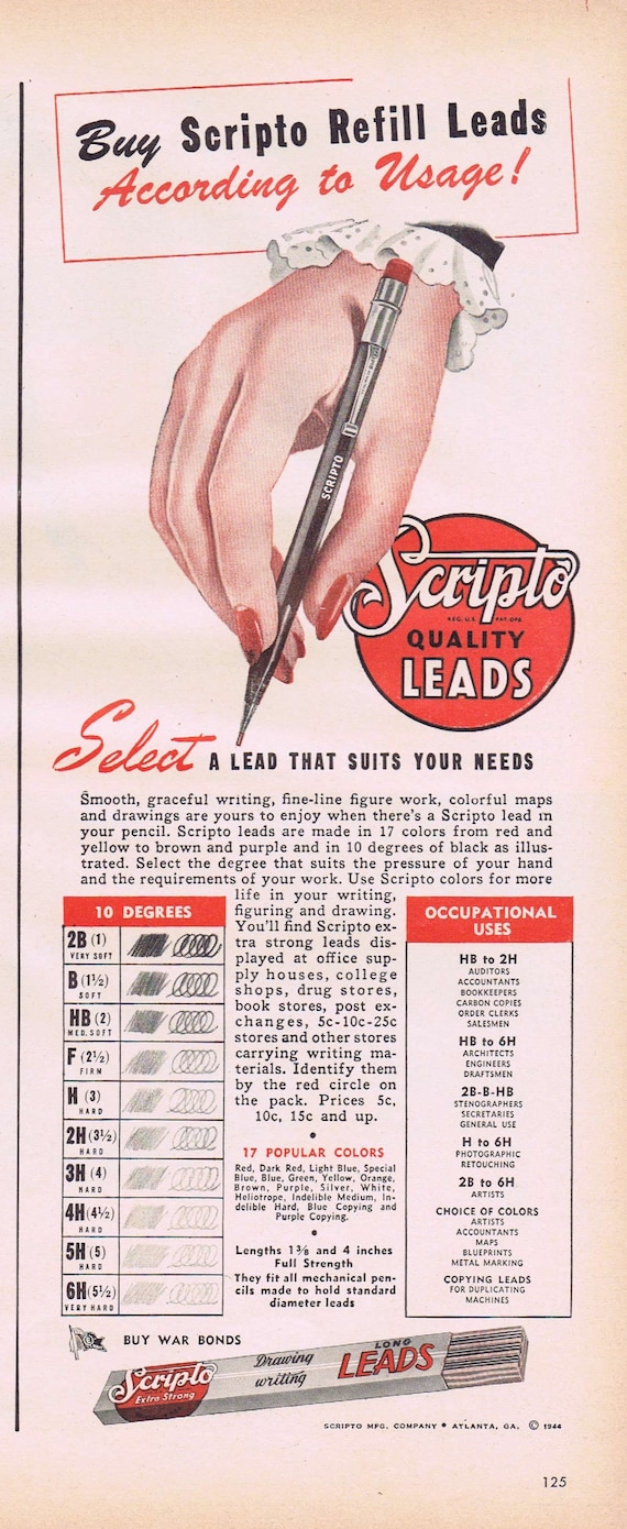 1944 Scripto Lead Pencil for Drawing and Writing Original Vintage Advertisement