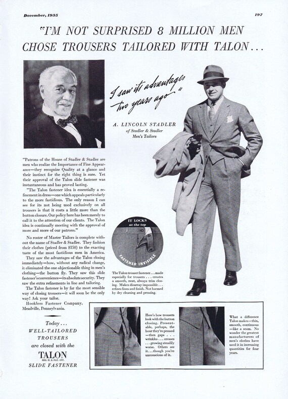 1935 Men’s Trousers Talon Slide Fastener with A. Lincoln Stadler Original Vintage Advertisement