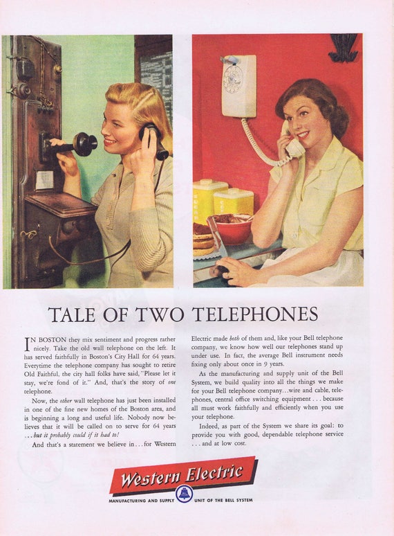 1956 Wall Phones Western Electric Tale of Two Telephones or Texaco and Havoline Redstone Missile Original Vintage Ad