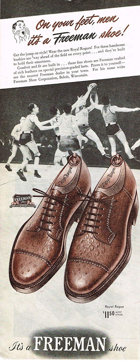 Freeman Men's Dress Shoes 1946 Vintage Ad with Basketball Players in Action
