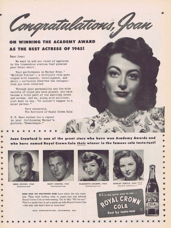 Joan Crawford in Royal Crown Cola 1945 Original Vintage Advertisement Salute to “Mildred Pierce”