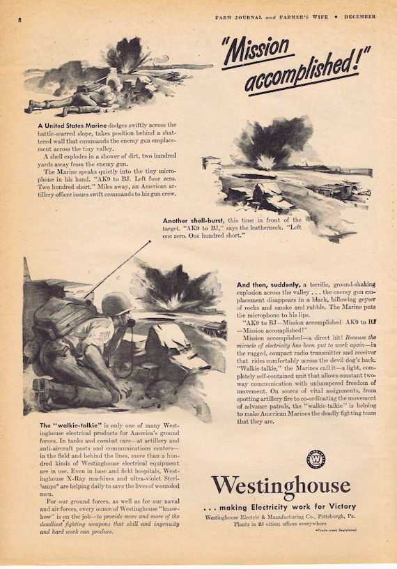 1942 WW2 Westinghouse Mission Accomplished or What Does Your Name Mean? by Ethyl Corporation Original Vintage Advertisements