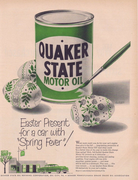 1951 Quaker State Motor Oil Original Vintage Advertisement with Easter Eggs and Spring Fever