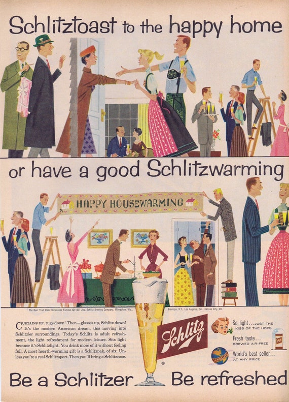 1957 Schlitz Beer Housewarming or Schick Electric Powershaver Original Vintage Advertisement
