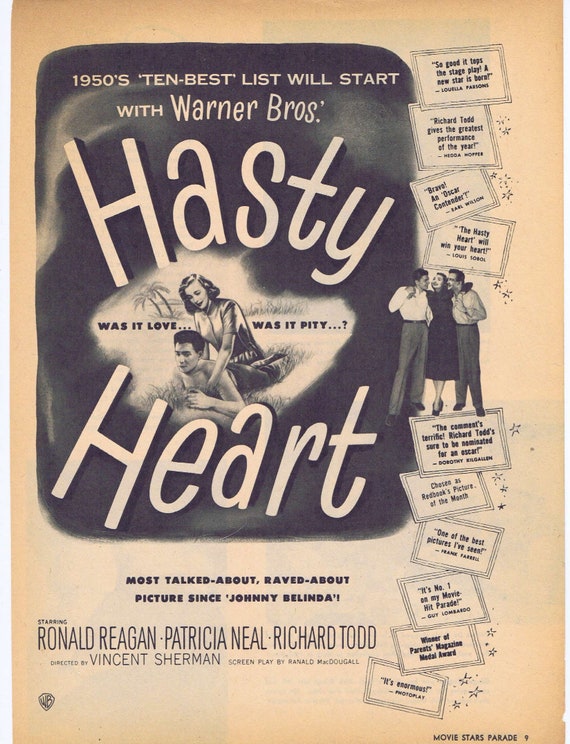 Hasty Heart 1949 original vintage movie ad with Ronald Reagan & Patricia Neal