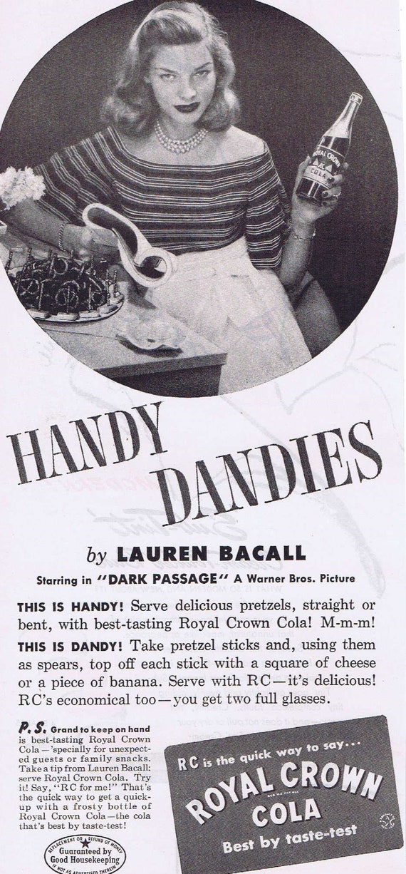 1947 Lauren Bacall Royal Crown Cola Original Vintage Advertisement Starring in Dark Passage