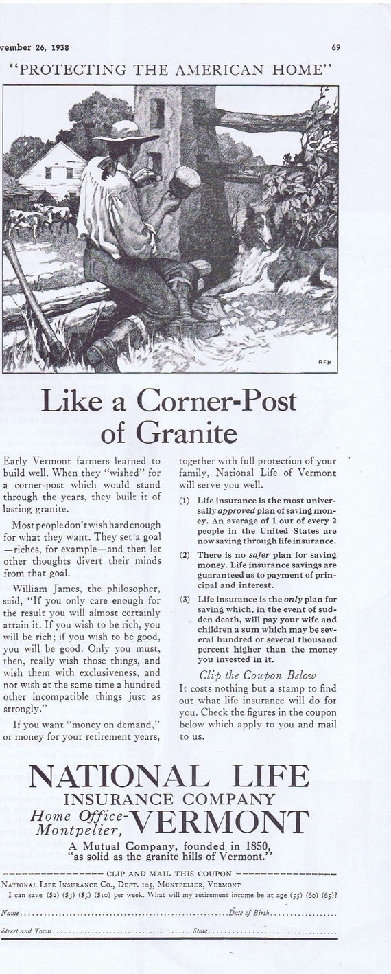 1938 National Life Insurance Company in Vermont Original Vintage Advertisement Like a Corner-Post of Granite by Early Farmers