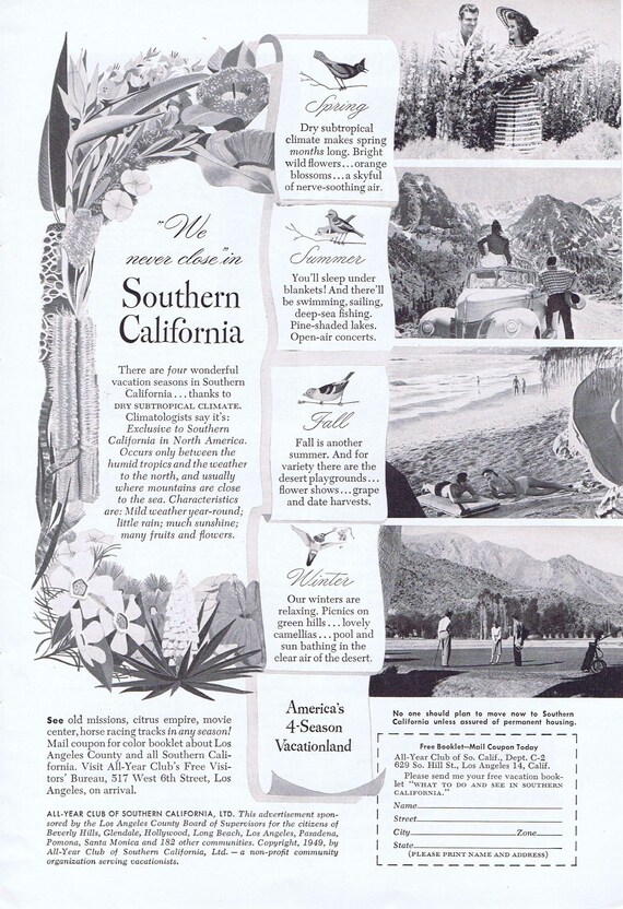 1949 Southern California America’s 4-Season Vacationland Original Vintage Advertisement