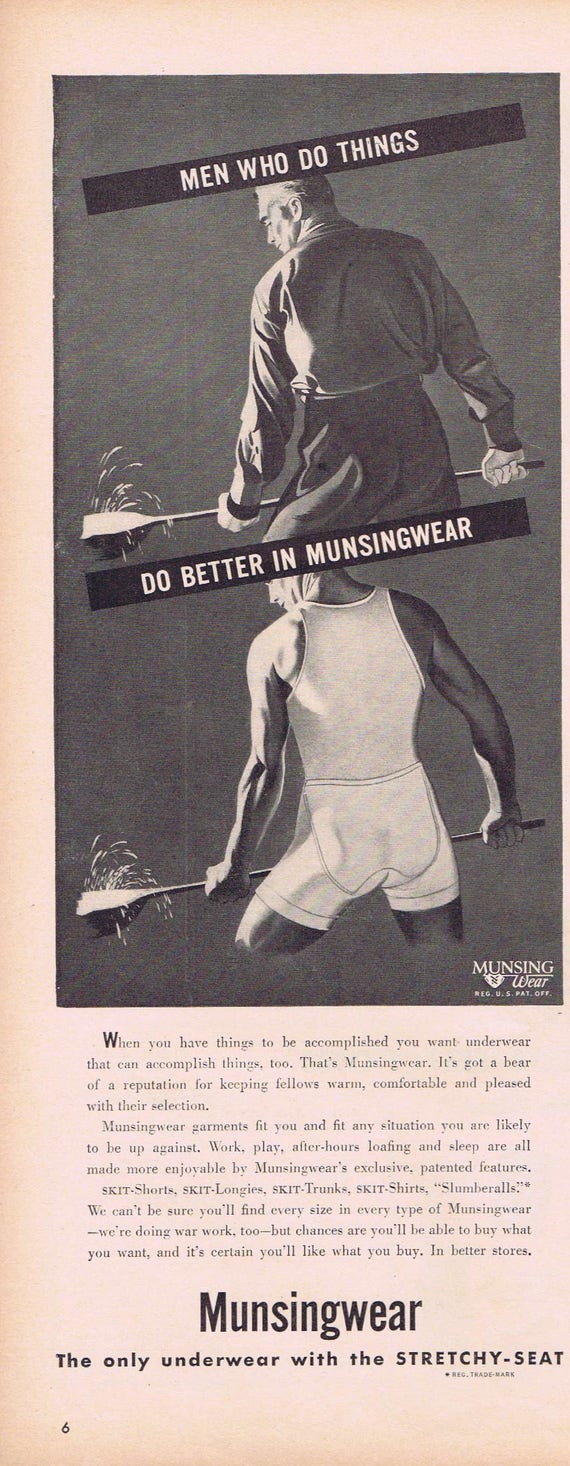 1943 Munsingwear Men’s Underwear Original Vintage Advertisement Only Underwear with the Stretchy-Seat