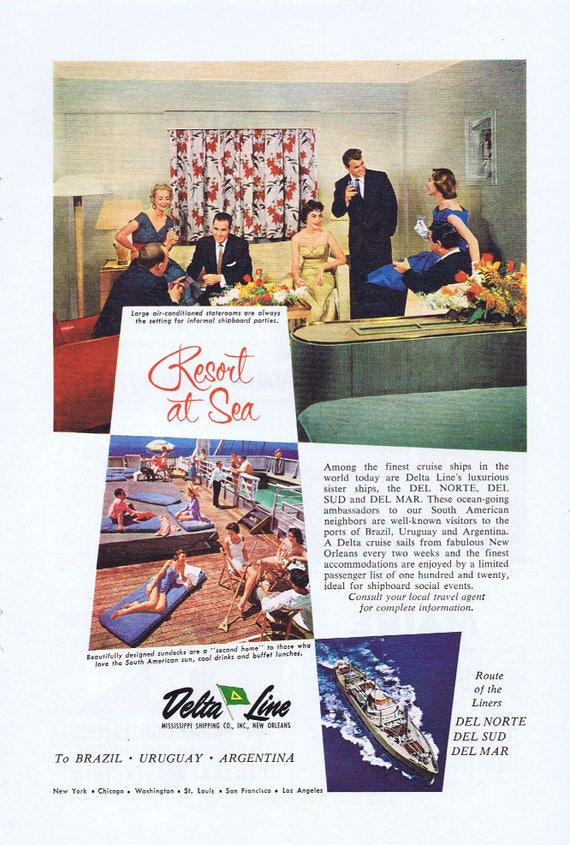1957 Delta Cruise Lines Resort at Sea Original Vintage Ad of South America