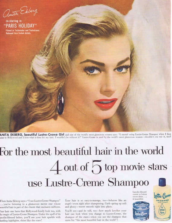 Anita Ekberg 1958 Lustre-Crème Shampoo Original Vintage Advertisement starring in “Paris Holiday”