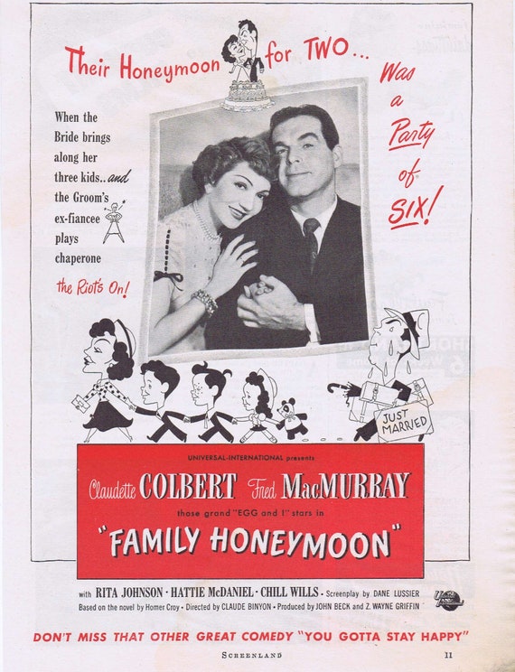 Family Honeymoon 1948 vintage movie ad with Claudette Colbert & Fred MacMurray Free Shipping