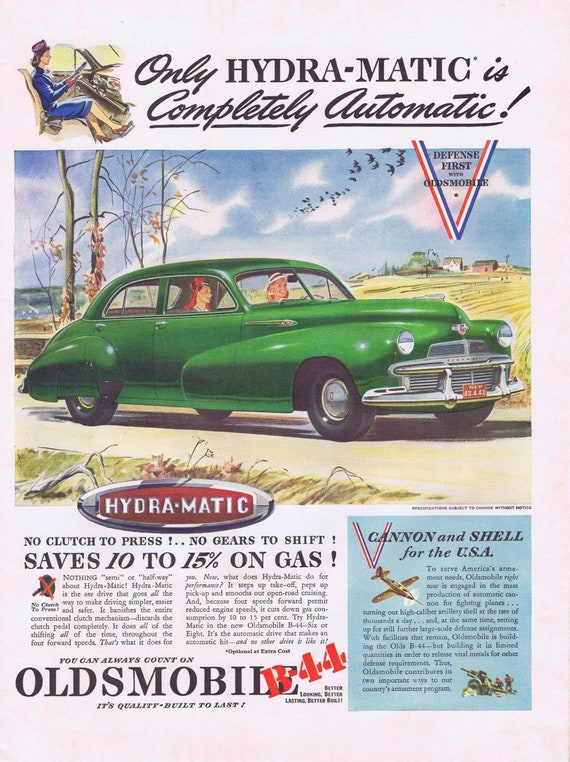 1942 Oldsmobile Green Sedan Automobile or Gas Fuel for the Home Original Vintage Advertisements