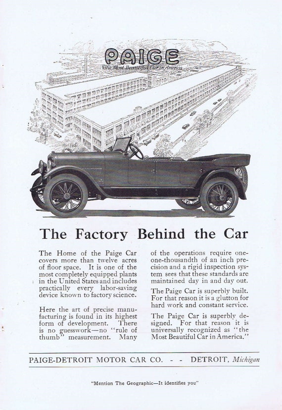 Paige Detroit Car 1919 Original Advertisement and Factory Behind the Car