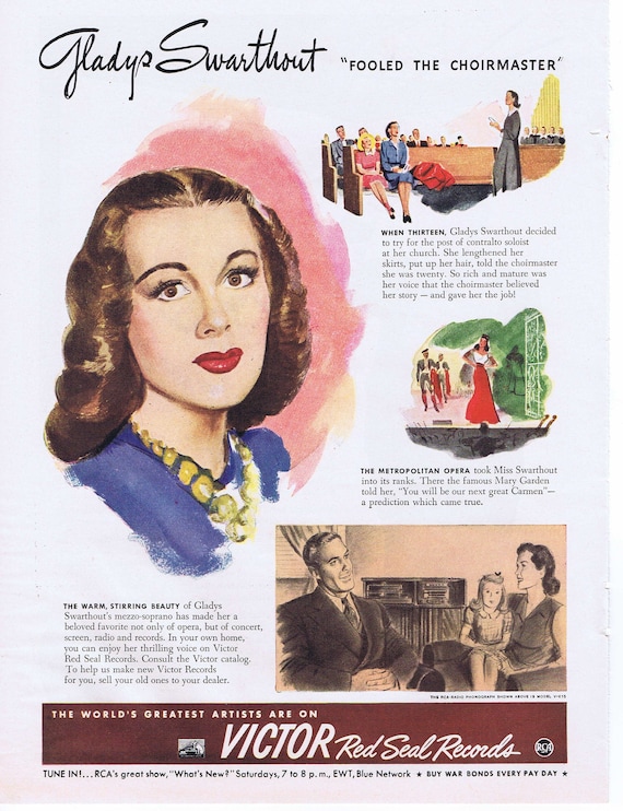 1944 Gladys Swarthout Opera Singer and Actress on Victor Red Seal Records or General Tires Very Neat Old Drawing Original Vintage Ad