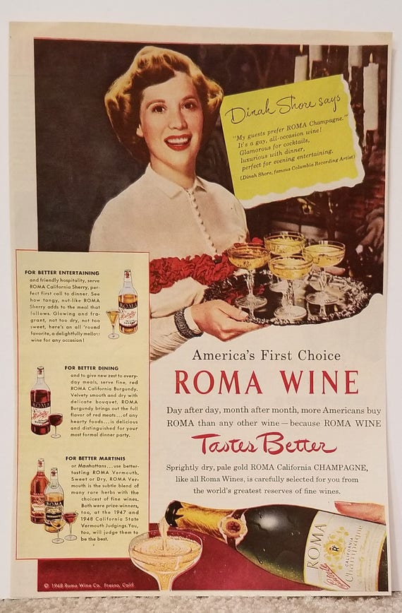 Dinah Shore 1948 Roma Wine  and Champagne Original Vintage Advertisement