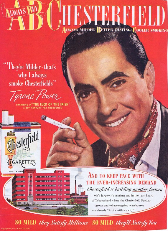 Tyrone Power 1948 Chesterfield Cigarettes Original Vintage Ad starring in “Luck of the Irish” film