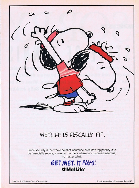 Snoopy Exercising and Charles Schulz Collectible Art in 1990 Met Life Original Ad