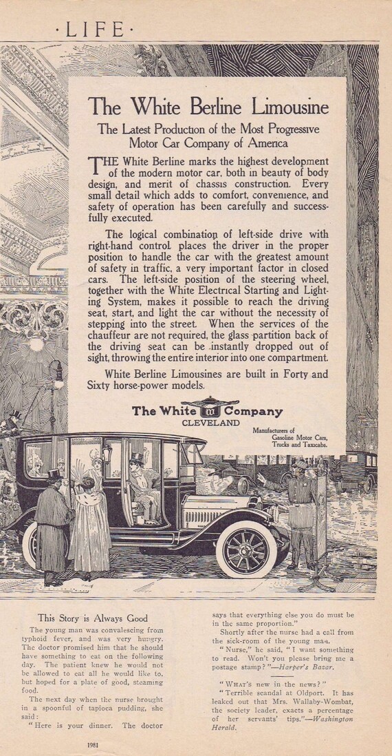 1913 White Berlin Limousine Original Vintage Automobile Advertisement by The White Cleveland Company