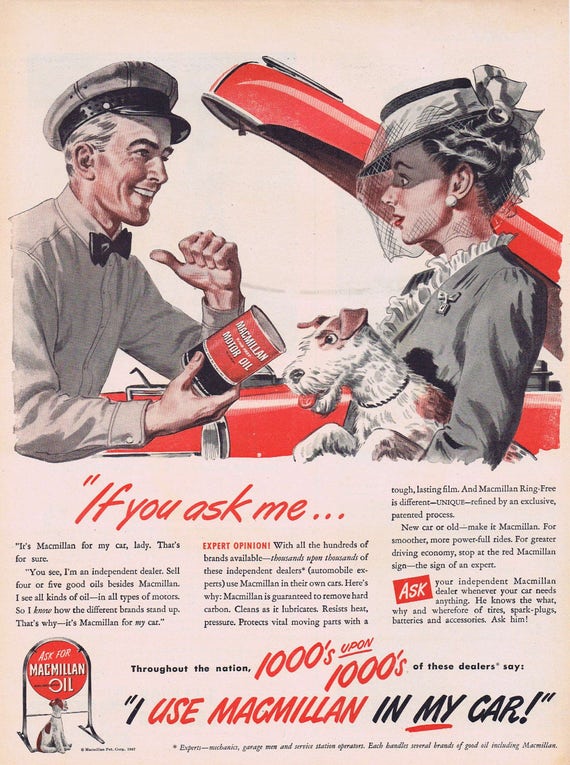 1947 Macmillan Motor Oil Ad with Vintage Dressed Woman holding a Terrier Dog