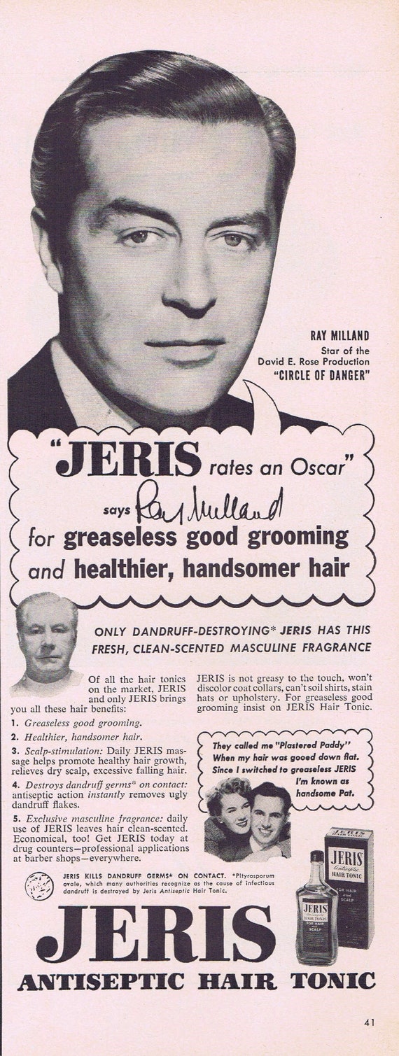 1951 Ray Milland and Jeris Antiseptic Hair Tonic Original Vintage Advertisement