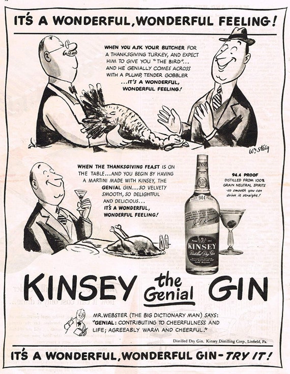 1944 Kinsey the Genial Gin Thanksgiving Original Vintage Ad William Steig Art