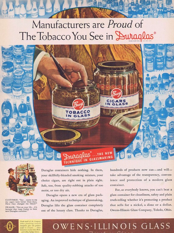 1941 Duraglas Tobacco in Glass b y Owens-Illinois Glass Original Vintage Ad